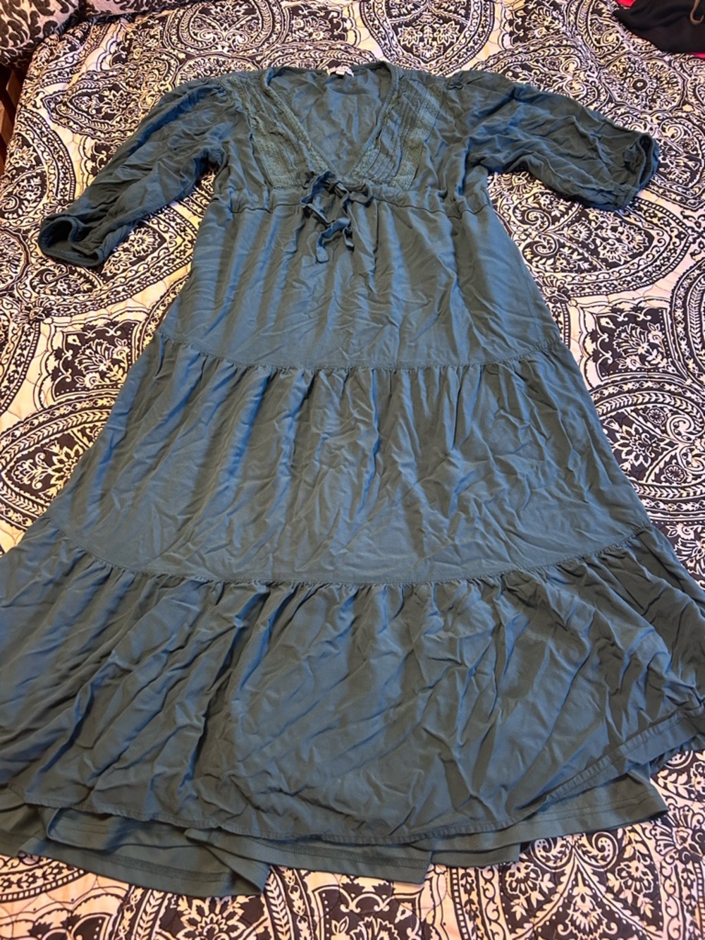Baltic Born Women's Teal Tiered V-Neck Midi Dress with Tie Detail